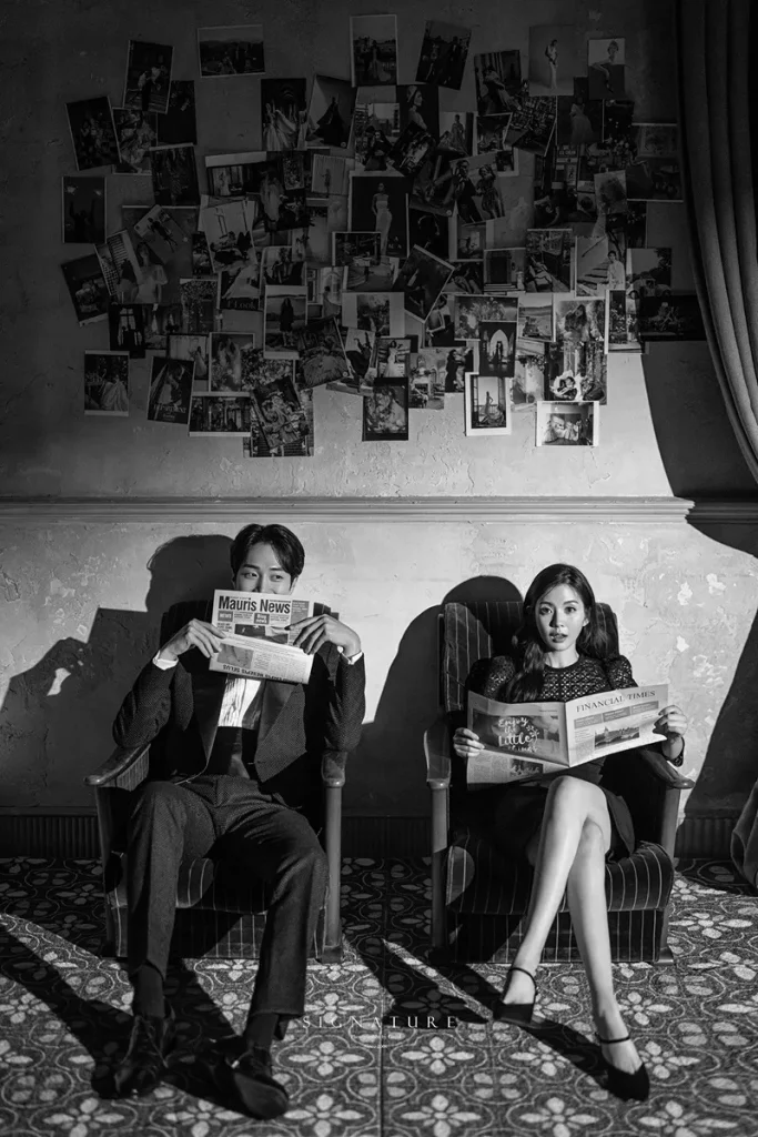 韓国のモノクロウェディングフォト_映画風